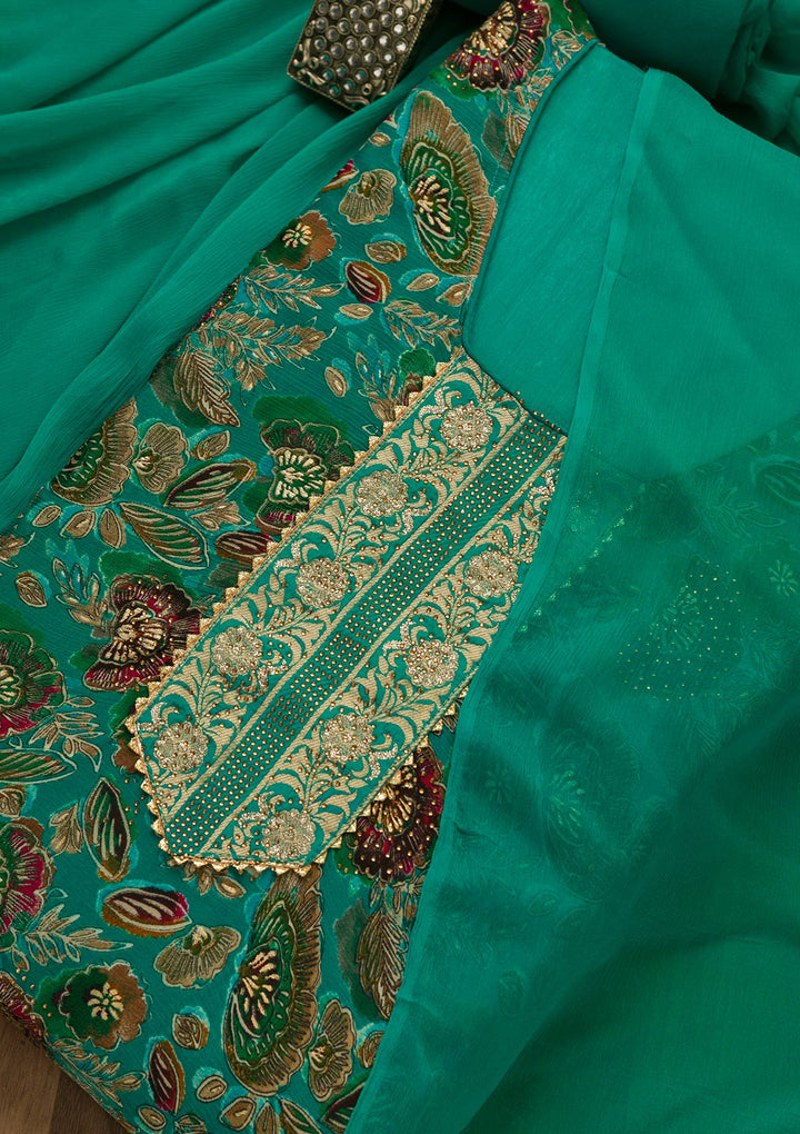 Rama Green Swarovski Semi Crepe Unstitched Salwar Kameez-Koskii