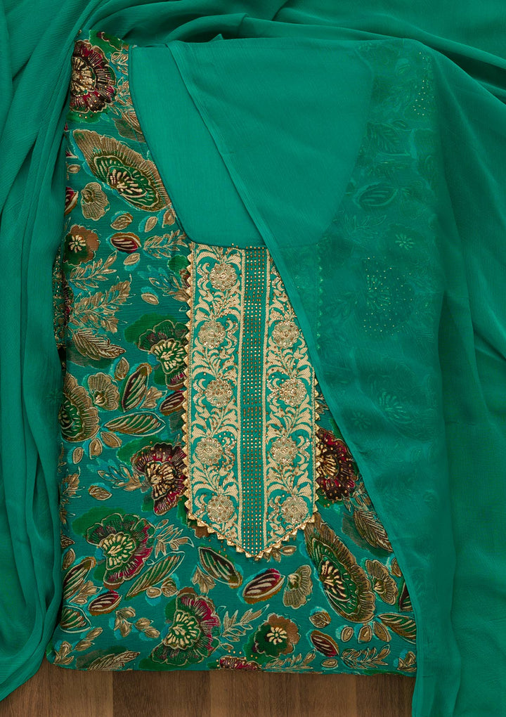Rama Green Swarovski Semi Crepe Unstitched Salwar Kameez-Koskii