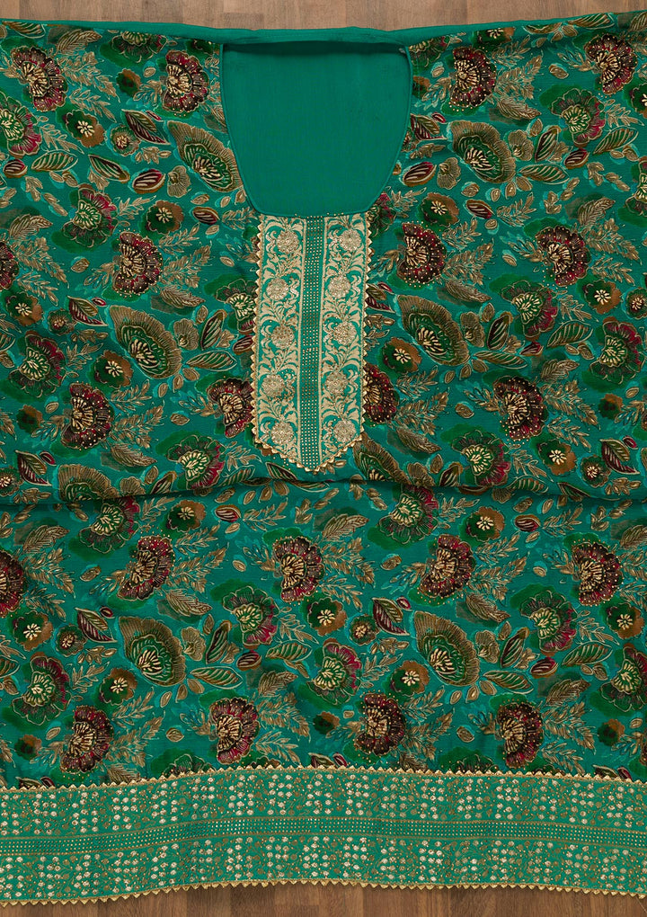 Rama Green Swarovski Semi Crepe Unstitched Salwar Kameez-Koskii
