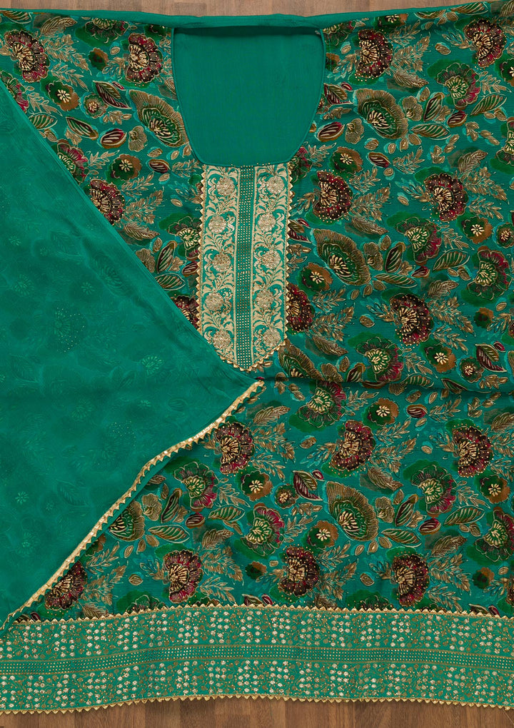 Rama Green Swarovski Semi Crepe Unstitched Salwar Kameez-Koskii
