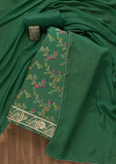 Rama Green Printed Brocade Unstitched Salwar Kameez-Koskii