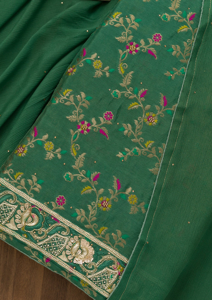 Rama Green Printed Brocade Unstitched Salwar Kameez-Koskii