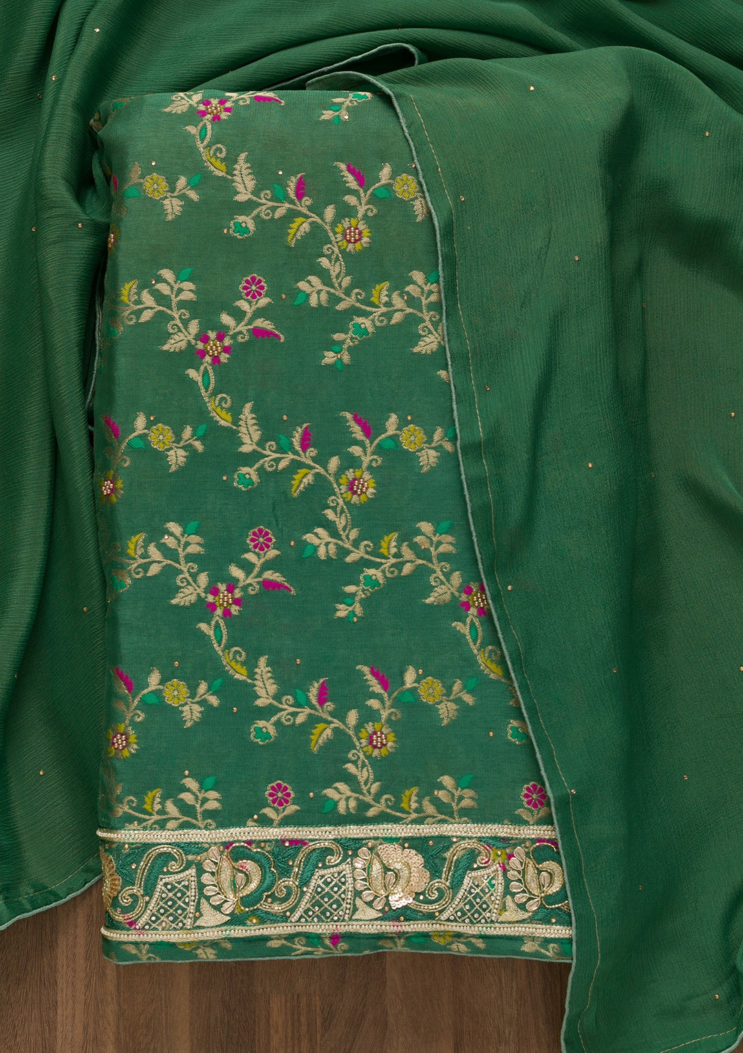 Rama Green Printed Brocade Unstitched Salwar Kameez-Koskii