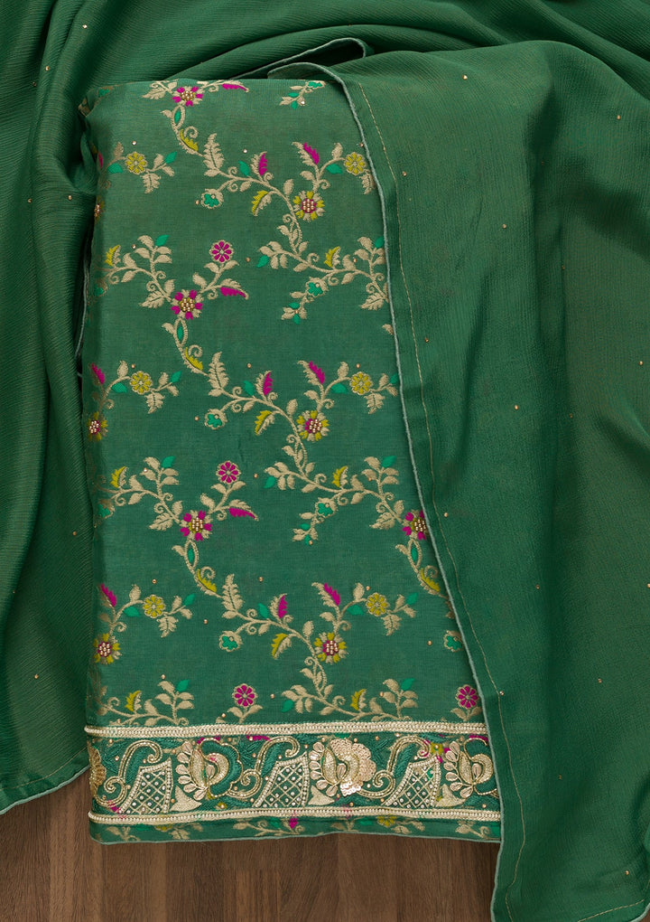 Rama Green Printed Brocade Unstitched Salwar Kameez-Koskii
