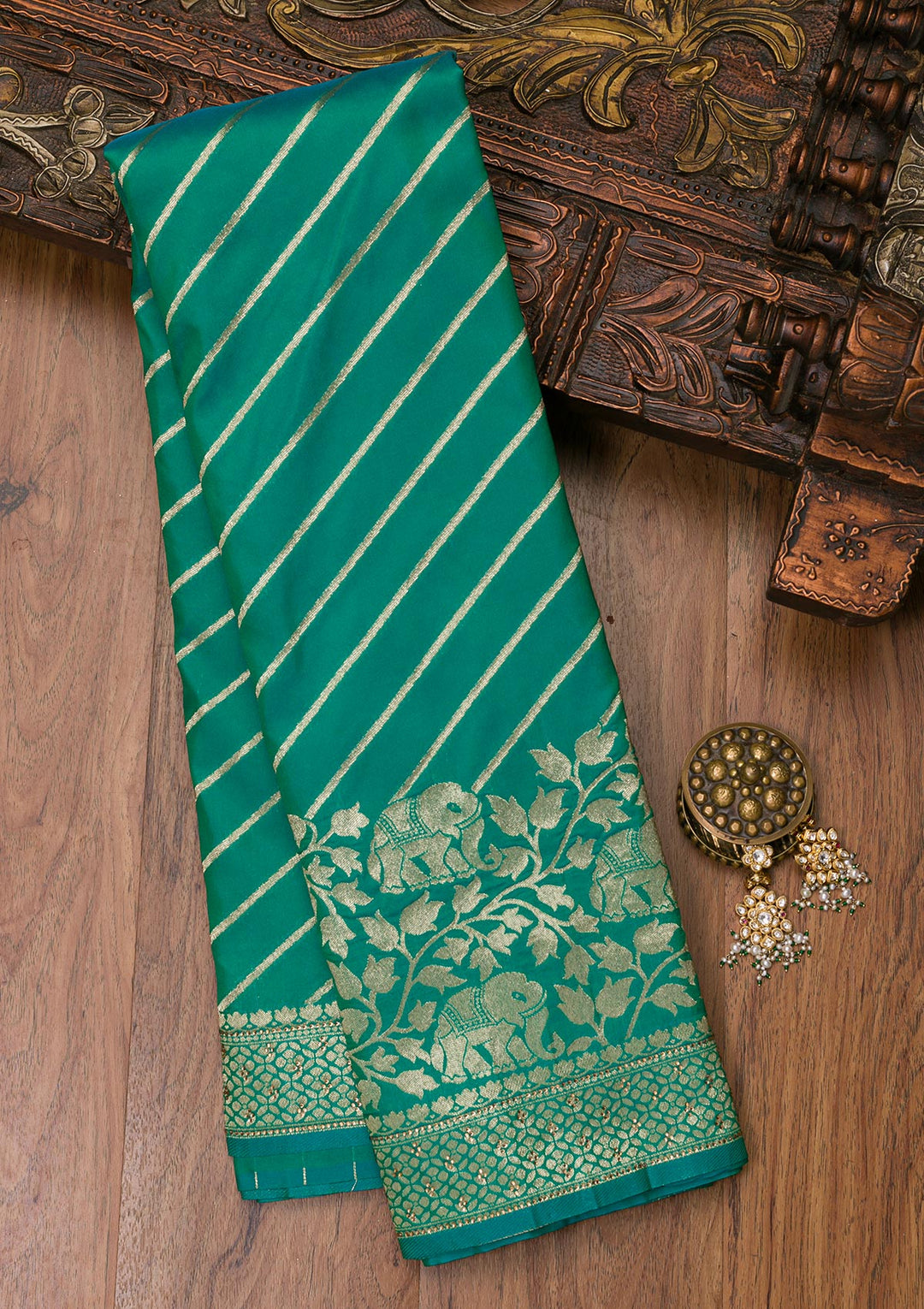 Rama Green Zariwork Raw Silk Saree-Koskii