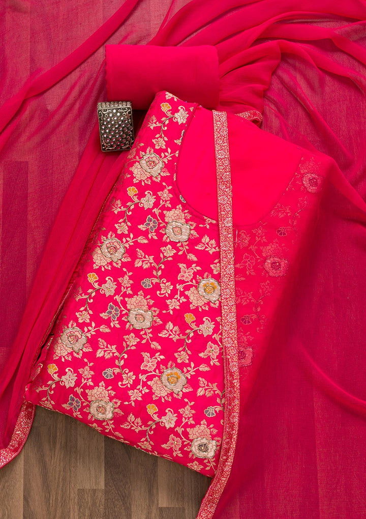 Rani Pink Raw Silk Cutdana Unstitched Salwar Suit-koskii