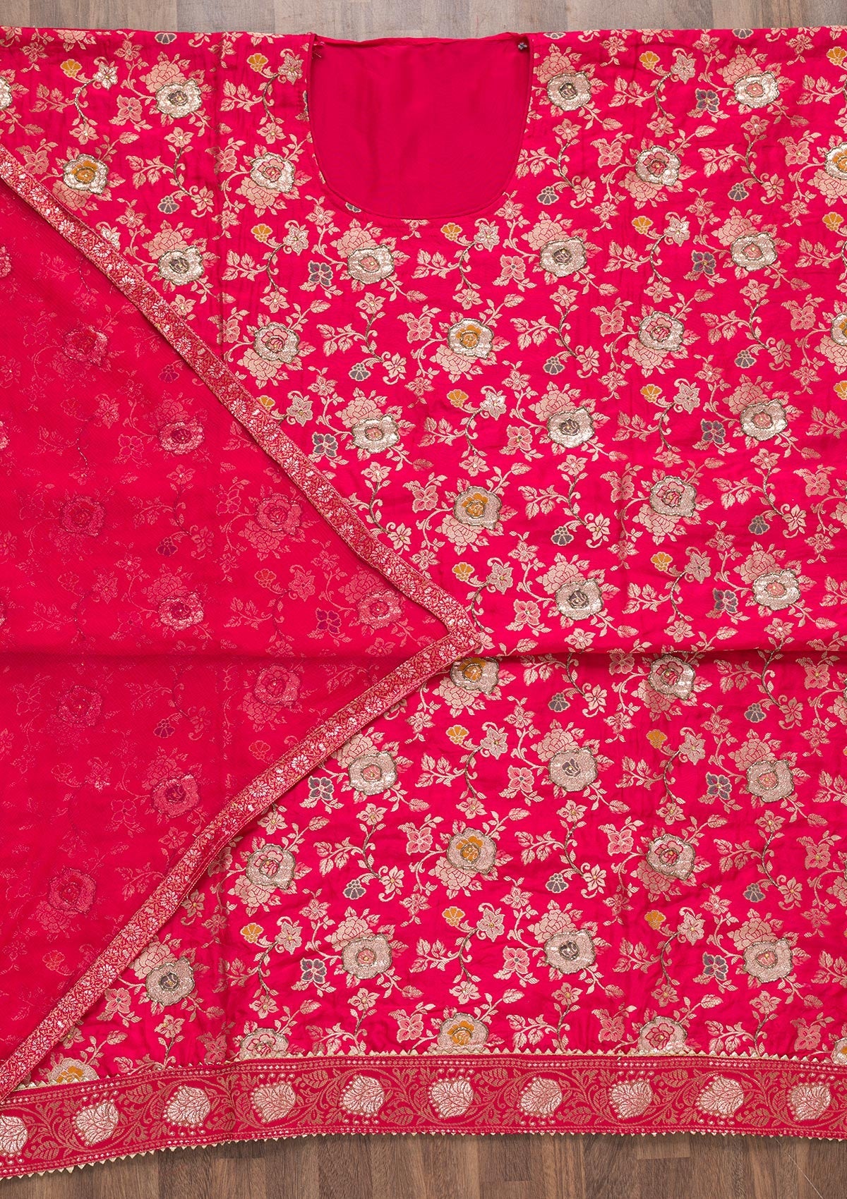 Rani Pink Raw Silk Cutdana Unstitched Salwar Suit-koskii