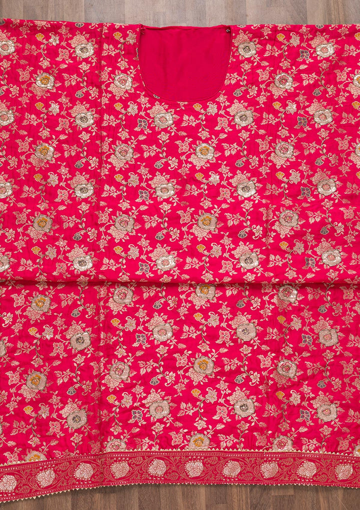 Rani Pink Raw Silk Cutdana Unstitched Salwar Suit-koskii