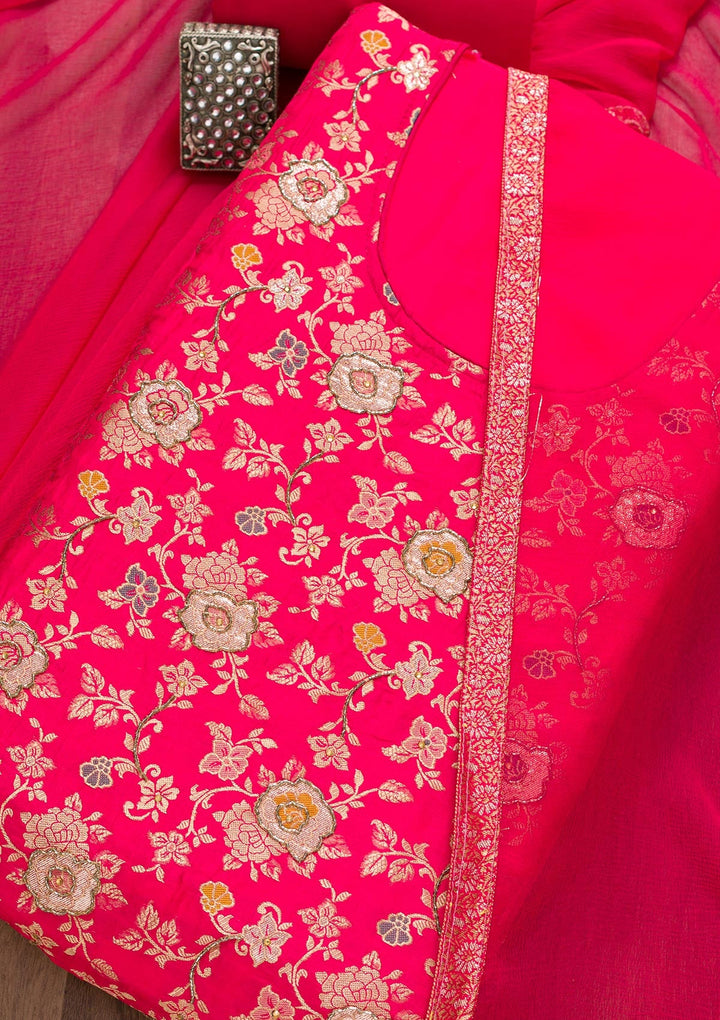 Rani Pink Raw Silk Cutdana Unstitched Salwar Suit-koskii