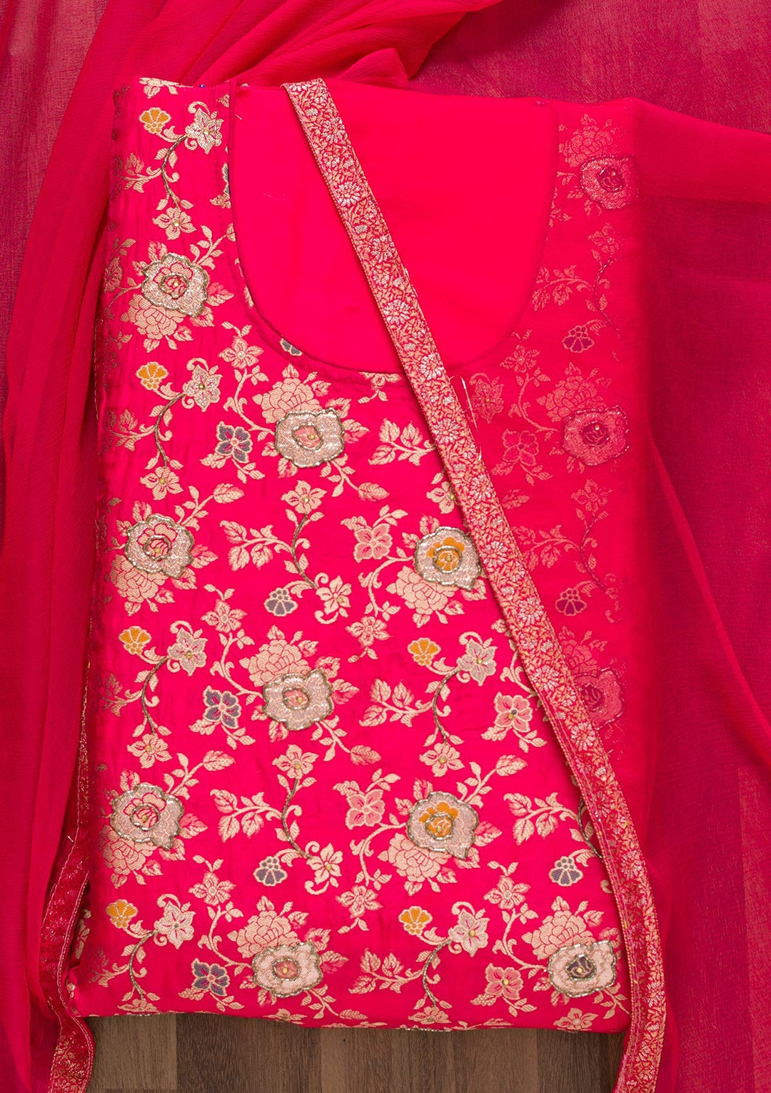 Rani Pink Raw Silk Cutdana Unstitched Salwar Suit-koskii