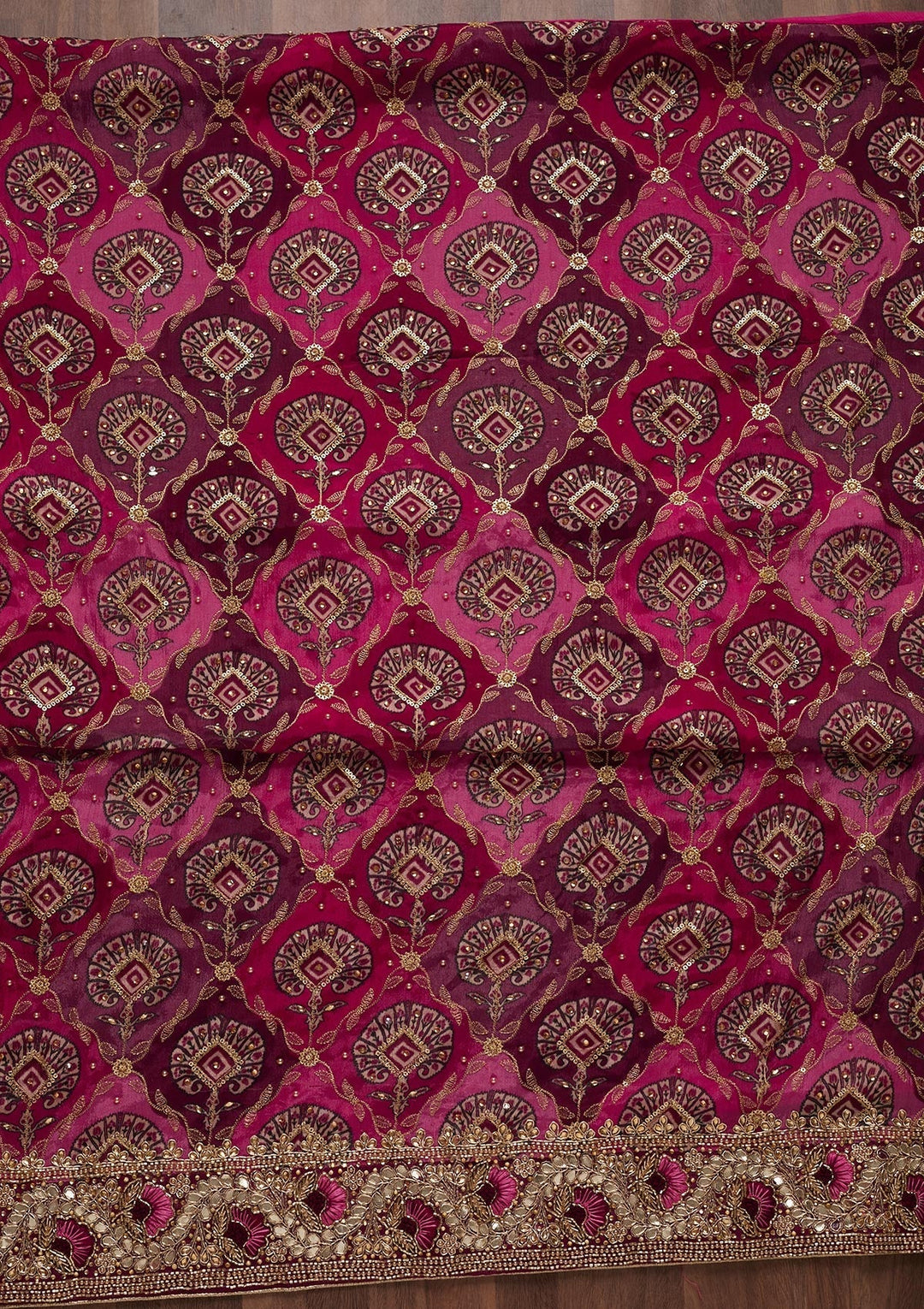 Rani Pink Cutdana Semi Crepe Unstitched Salwar Suit - Koskii