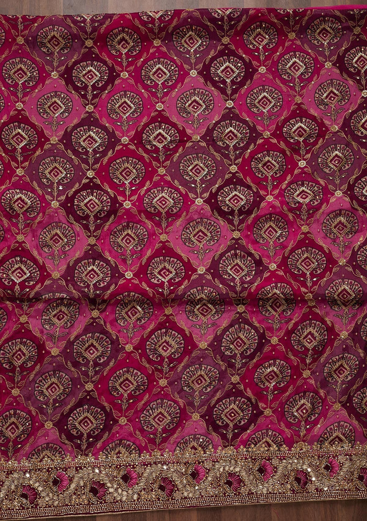 Rani Pink Cutdana Semi Crepe Unstitched Salwar Suit - Koskii