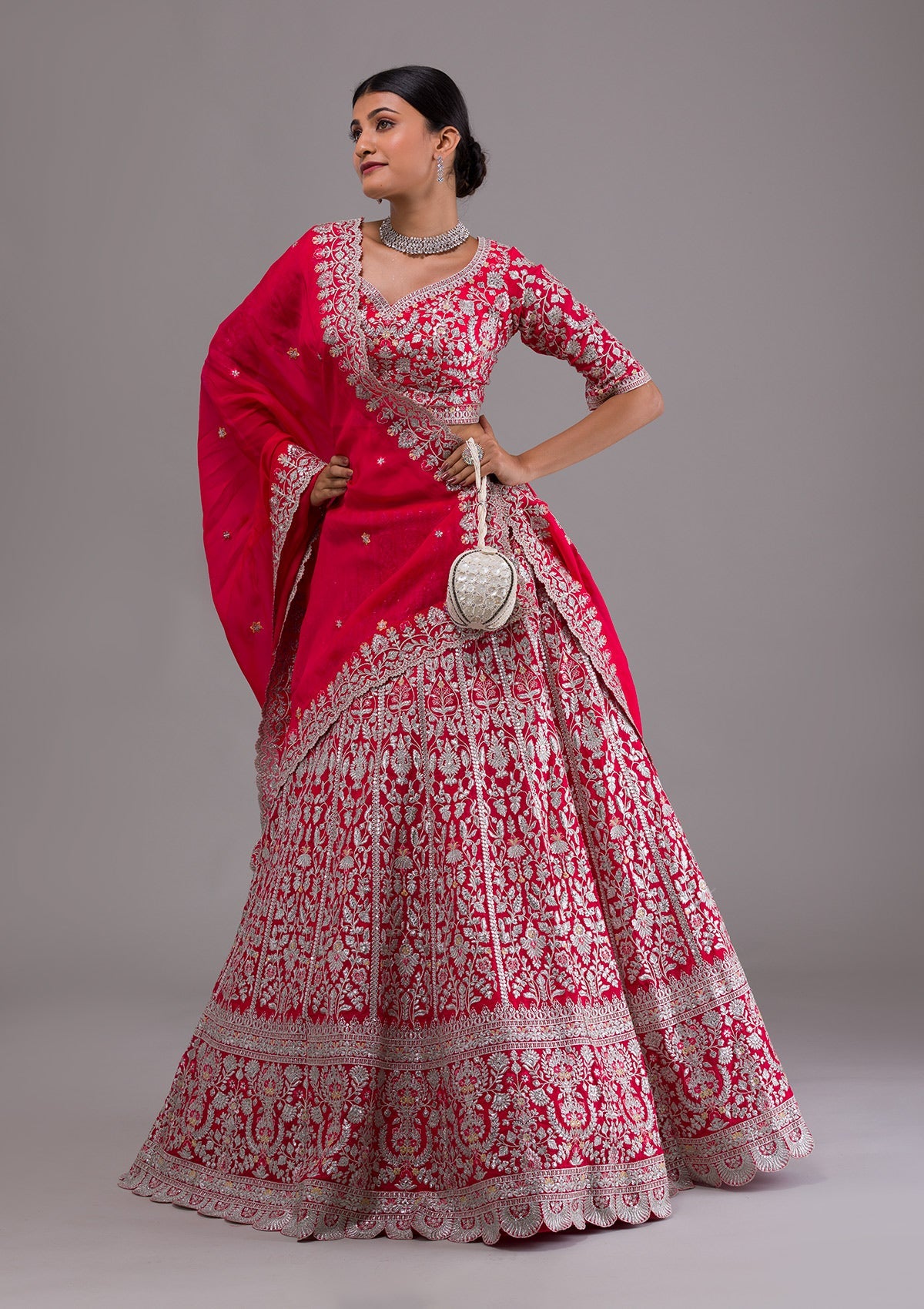 Rani Pink Silver Zariwork Georgette Designer Lehenga-Koskii