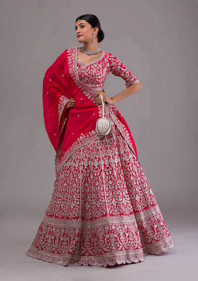Rani Pink Silver Zariwork Georgette Designer Lehenga-Koskii