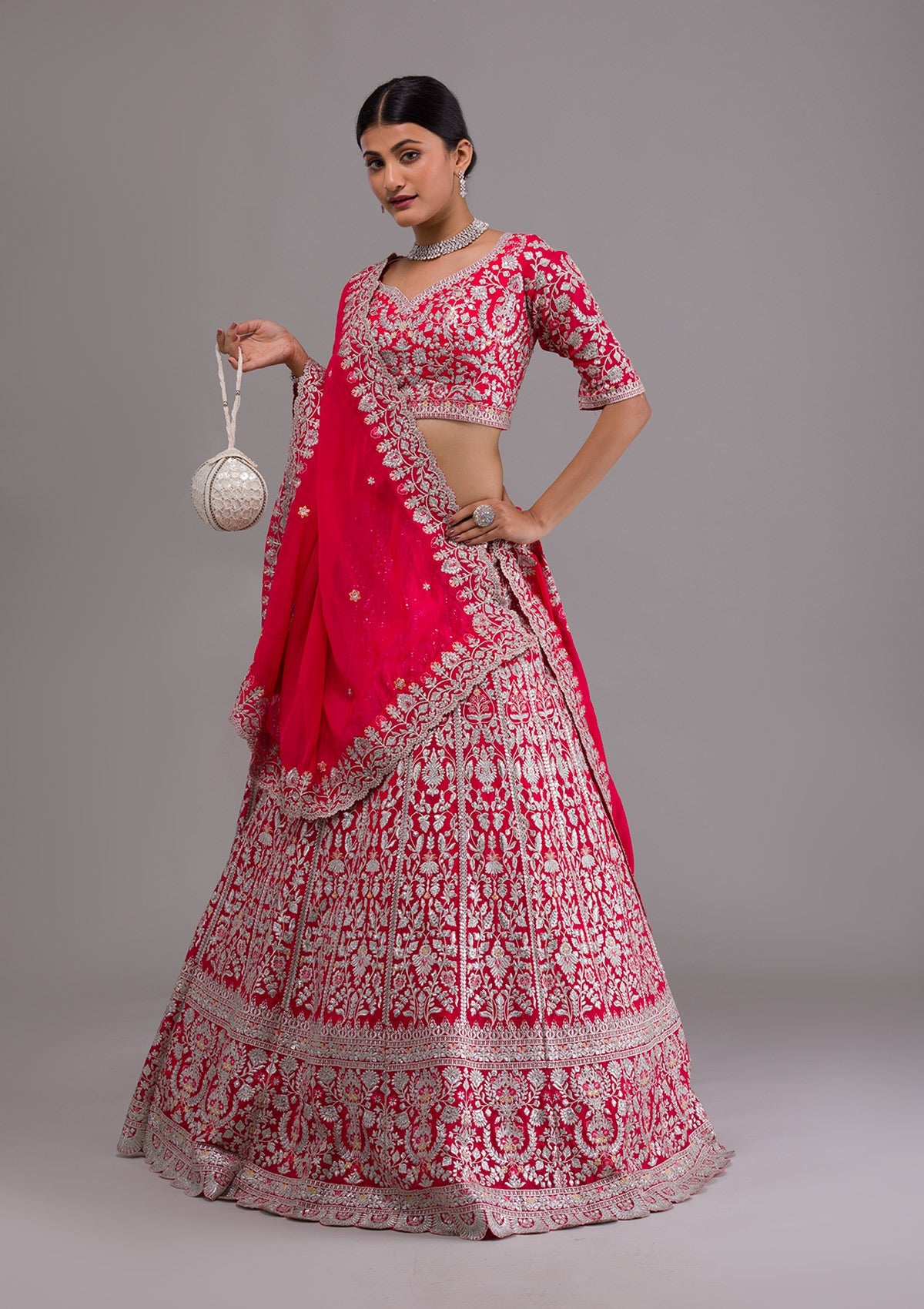 Rani Pink Silver Zariwork Georgette Designer Lehenga-Koskii