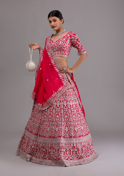 Rani Pink Silver Zariwork Georgette Designer Lehenga-Koskii