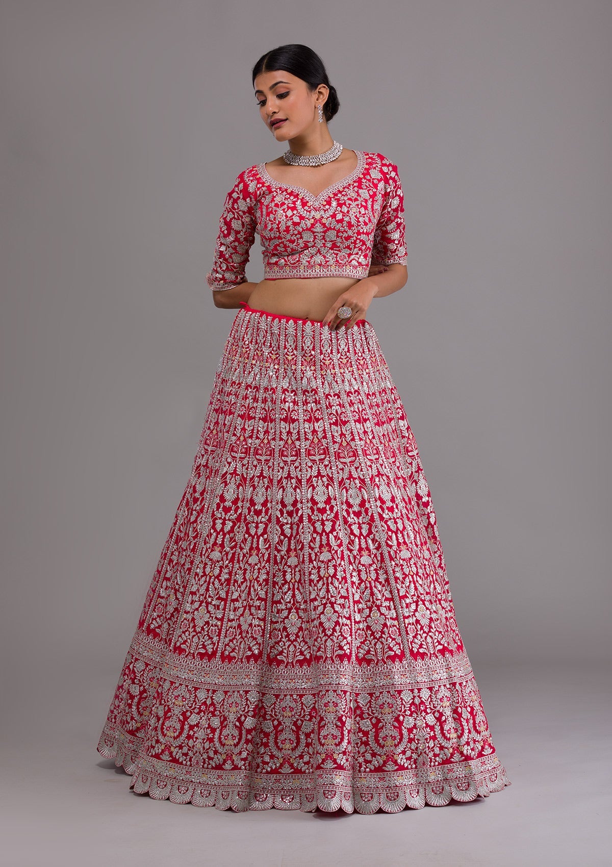 Rani Pink Silver Zariwork Georgette Designer Lehenga-Koskii