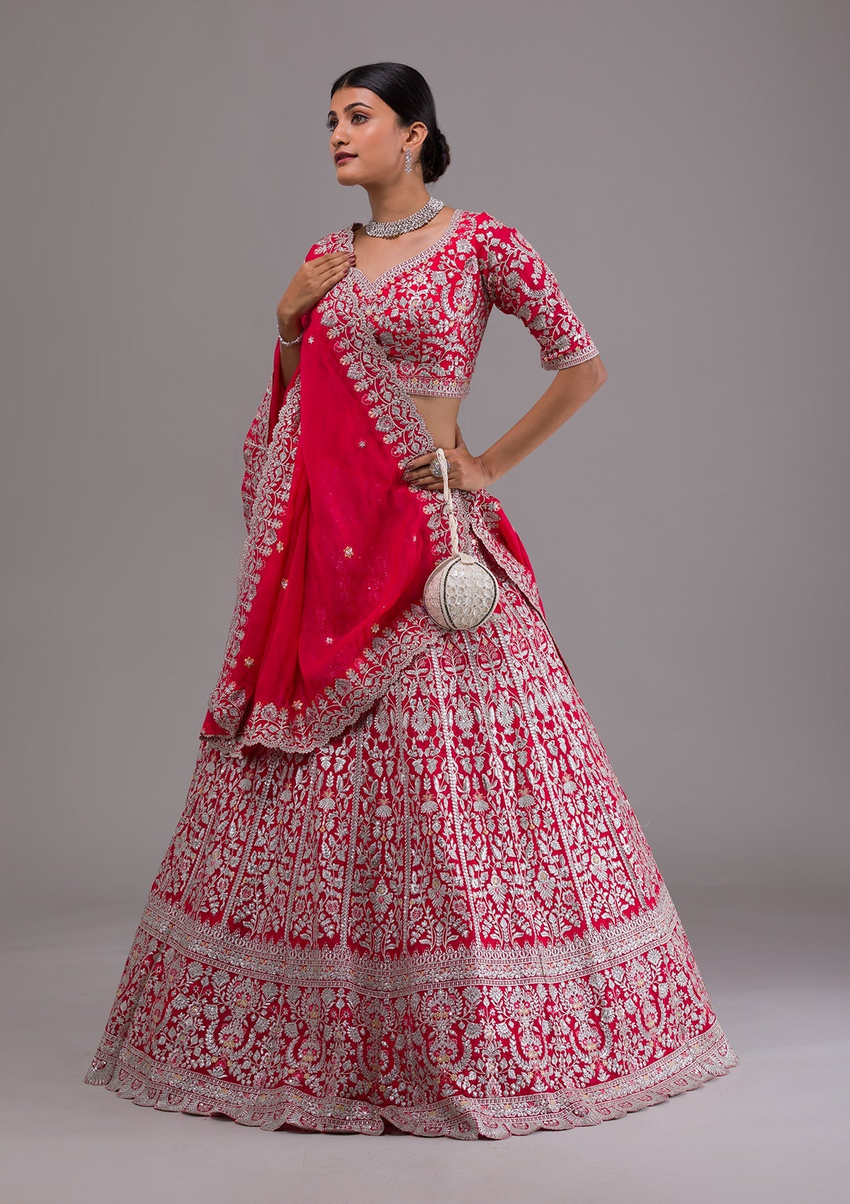 Rani Pink Silver Zariwork Georgette Designer Lehenga-Koskii