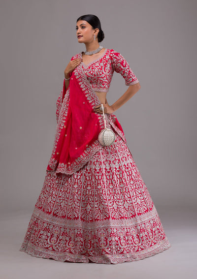 Rani Pink Silver Zariwork Georgette Designer Lehenga-Koskii