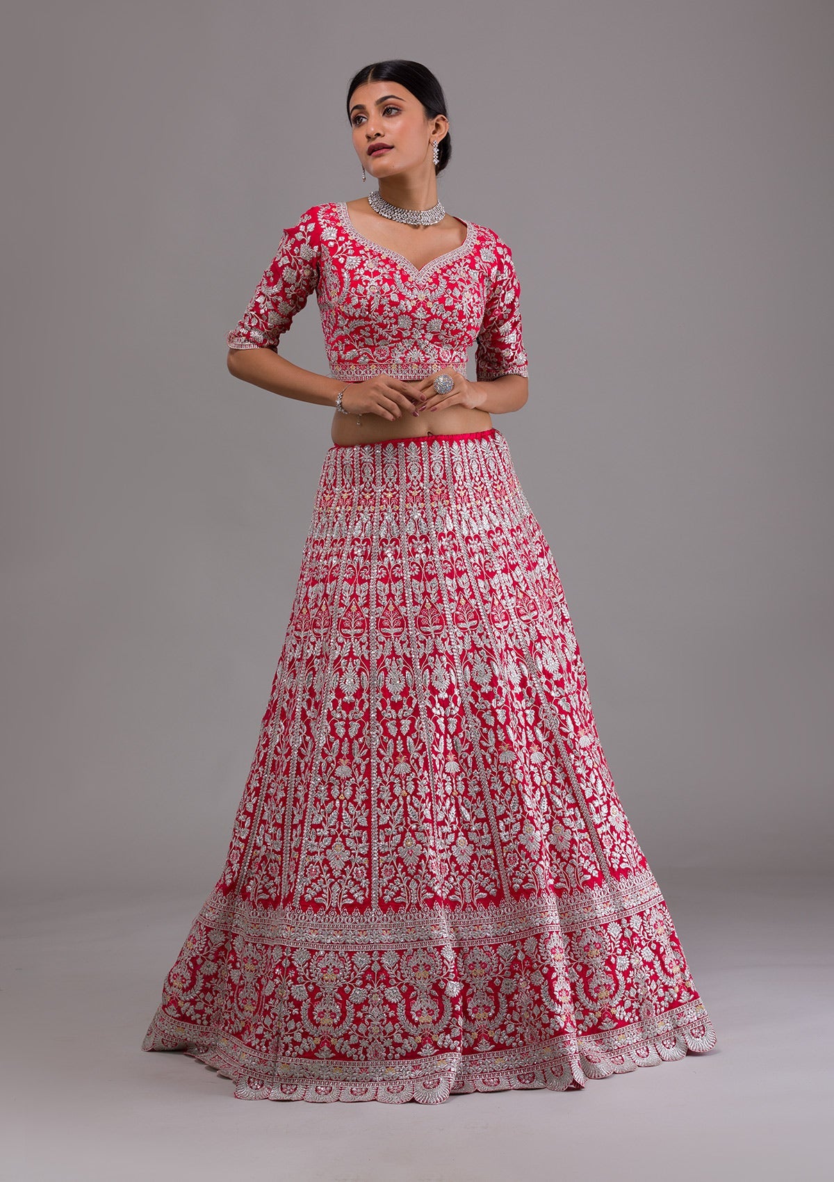 Rani Pink Silver Zariwork Georgette Designer Lehenga-Koskii