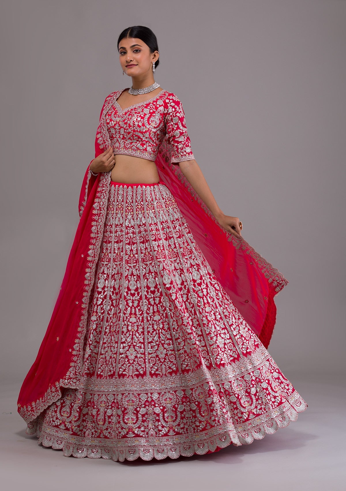 Rani Pink Silver Zariwork Georgette Designer Lehenga-Koskii