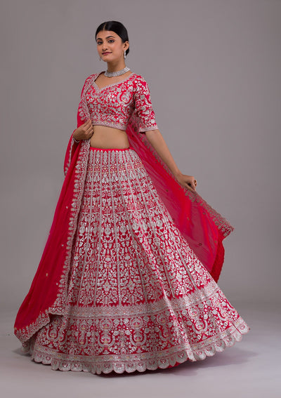 Rani Pink Silver Zariwork Georgette Designer Lehenga-Koskii