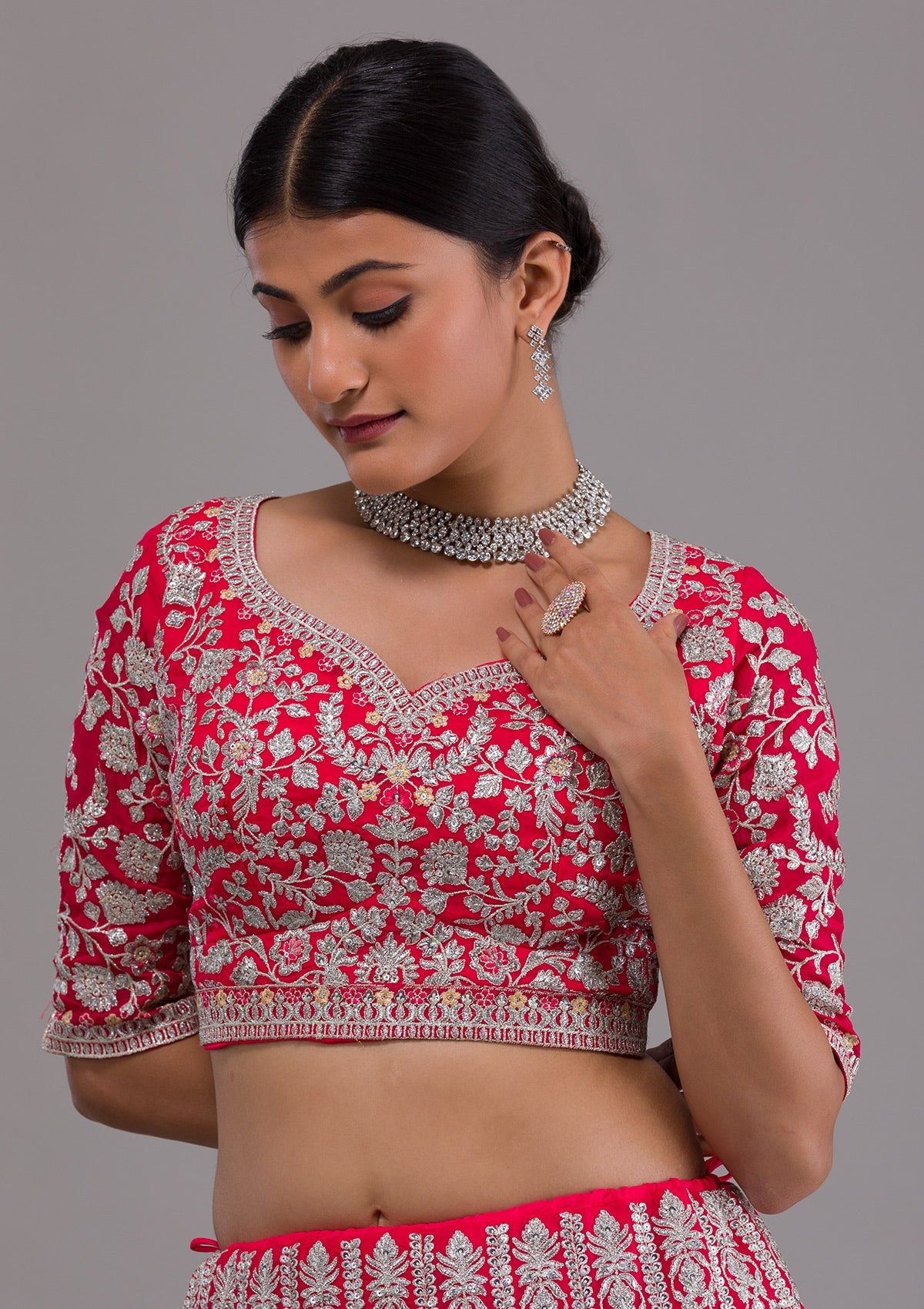 Rani Pink Silver Zariwork Georgette Designer Lehenga-Koskii