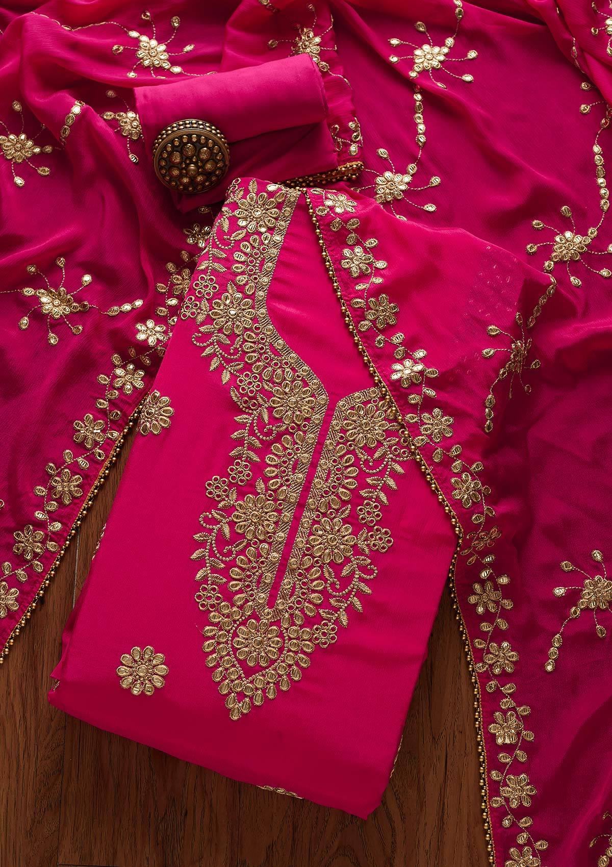 Rani Pink Gotapatti Georgette Designer Unstitched Salwar Suit - Koskii