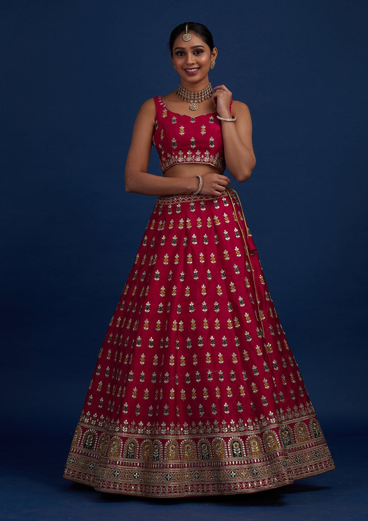 Rani Pink Gotapatti Raw Silk Designer Semi-Stitched Lehenga - Koskii