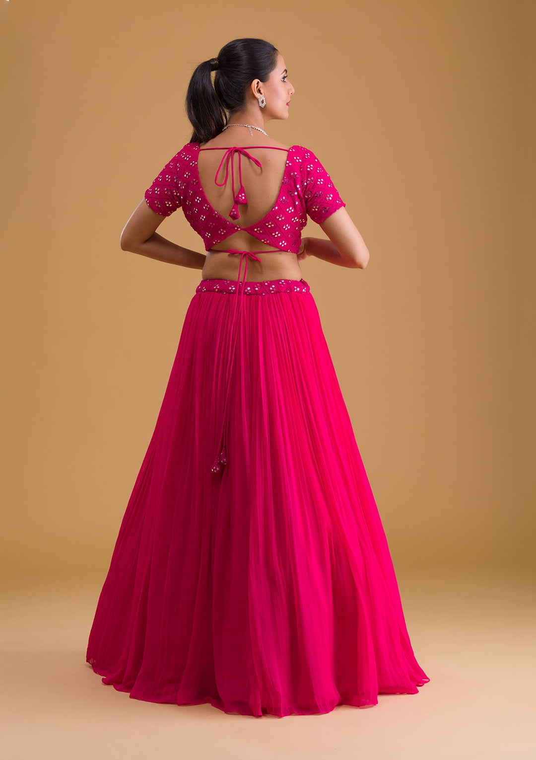 Rani Pink Mirrorwork Georgette Readymade Lehenga-Koskii
