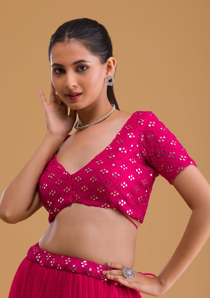 Rani Pink Mirrorwork Georgette Readymade Lehenga-Koskii