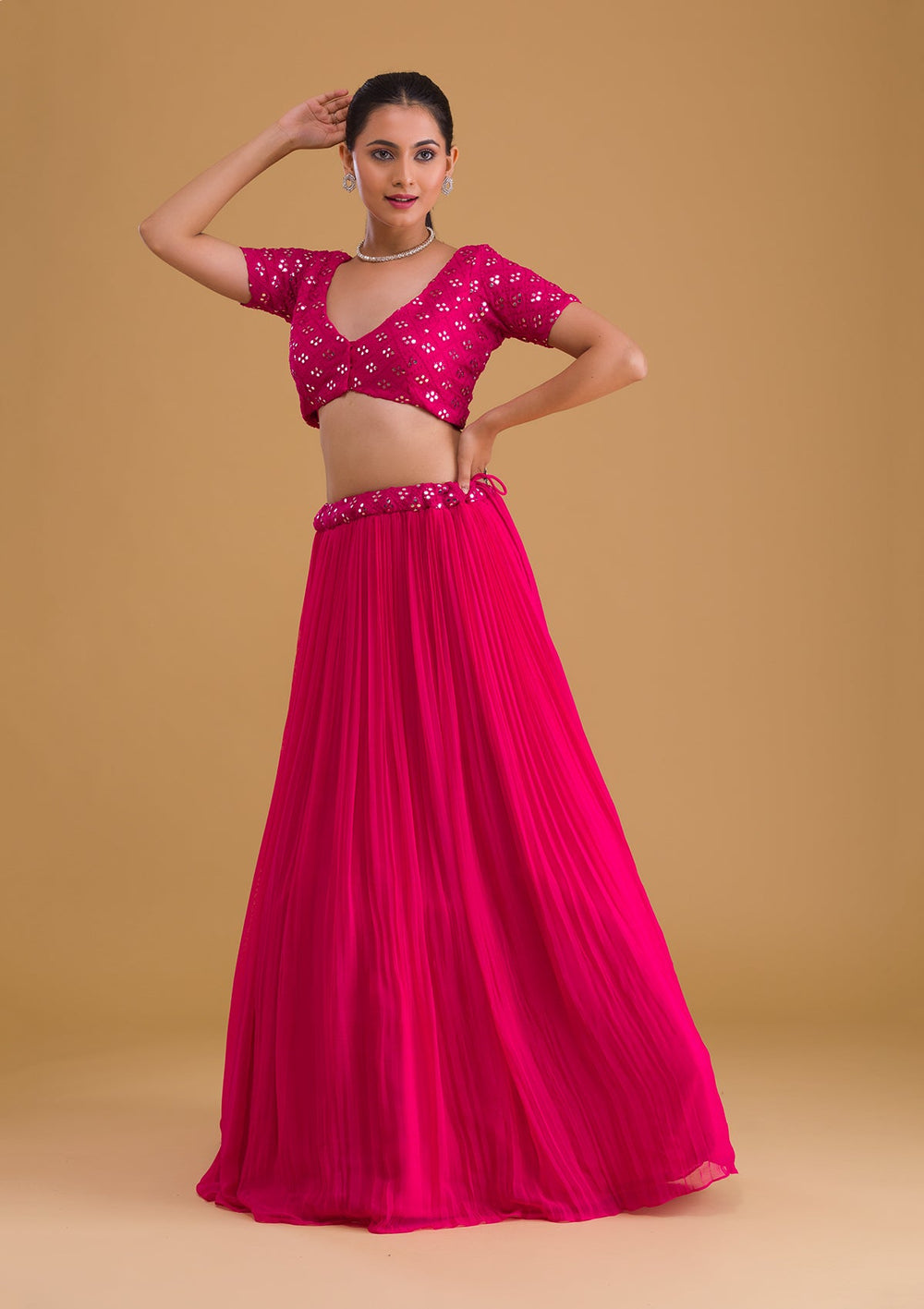 Rani Pink Mirrorwork Georgette Designer Lehenga-Koskii
