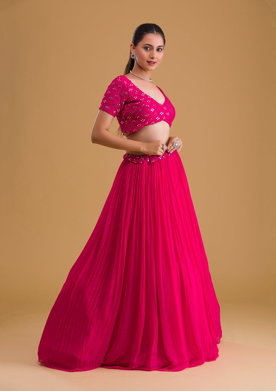 Rani Pink Mirrorwork Georgette Designer Lehenga-Koskii