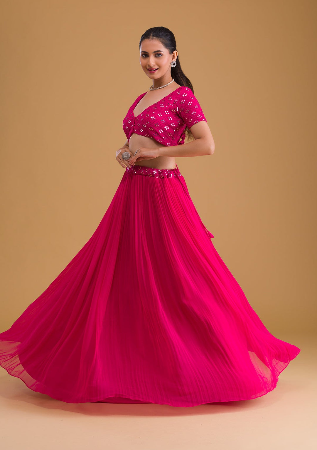 Rani Pink Mirrorwork Georgette Readymade Lehenga-Koskii