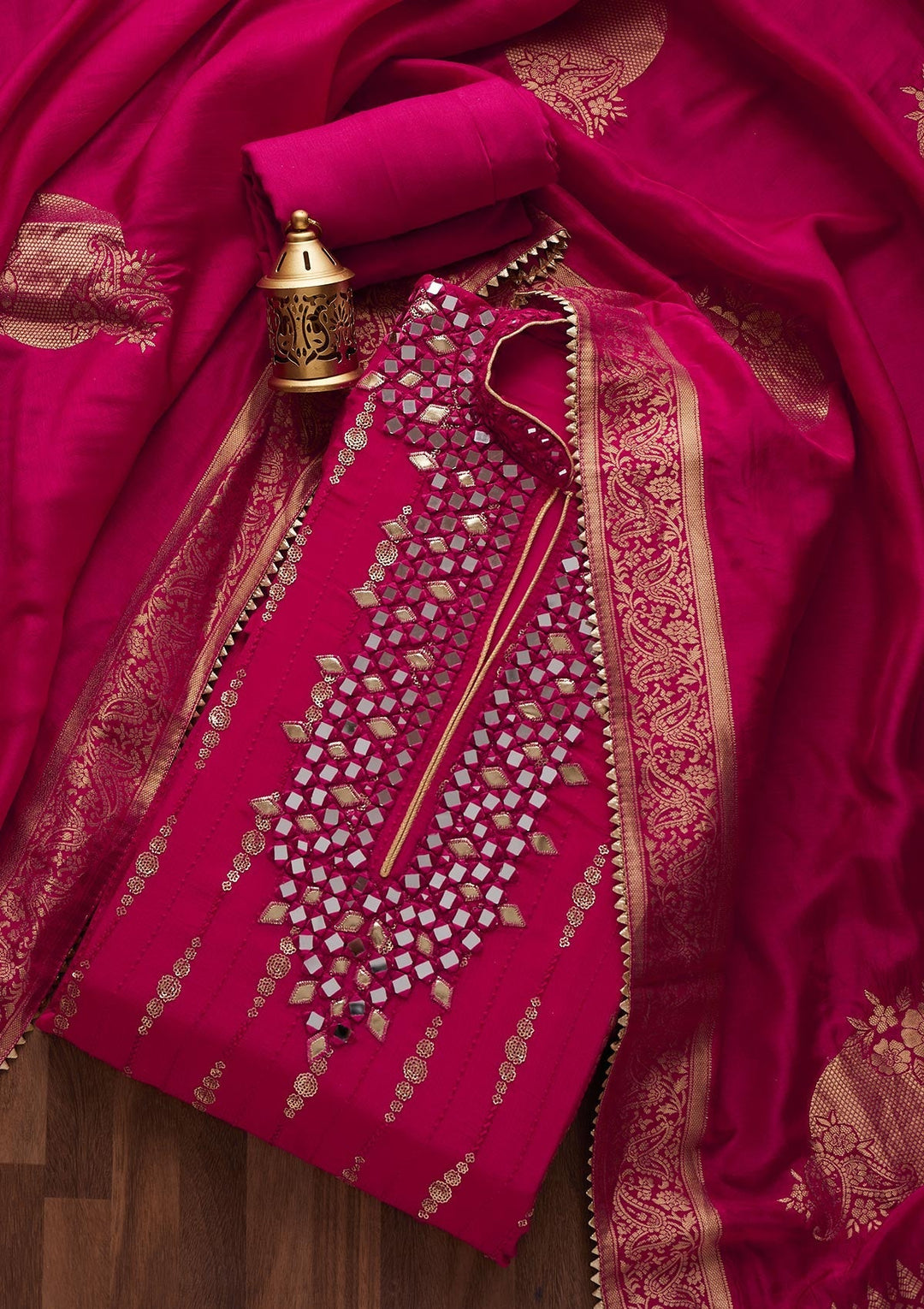 Rani Pink Mirrorwork Georgette Designer Unstitched Salwar Suit - Koskii
