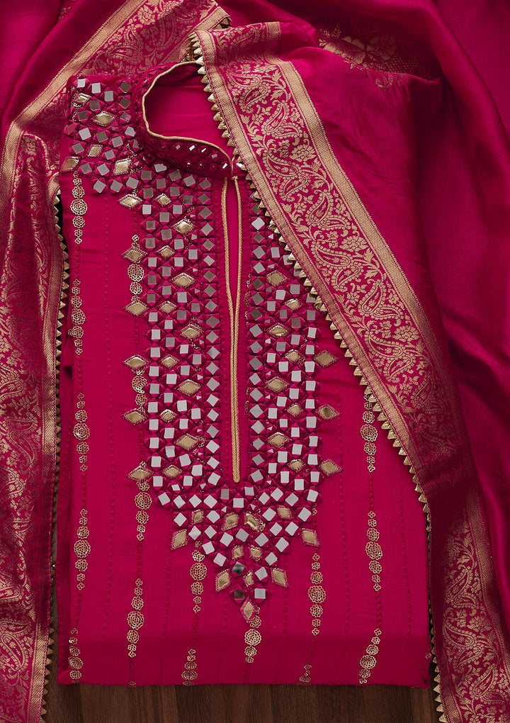Rani Pink Mirrorwork Georgette Designer Unstitched Salwar Suit - Koskii