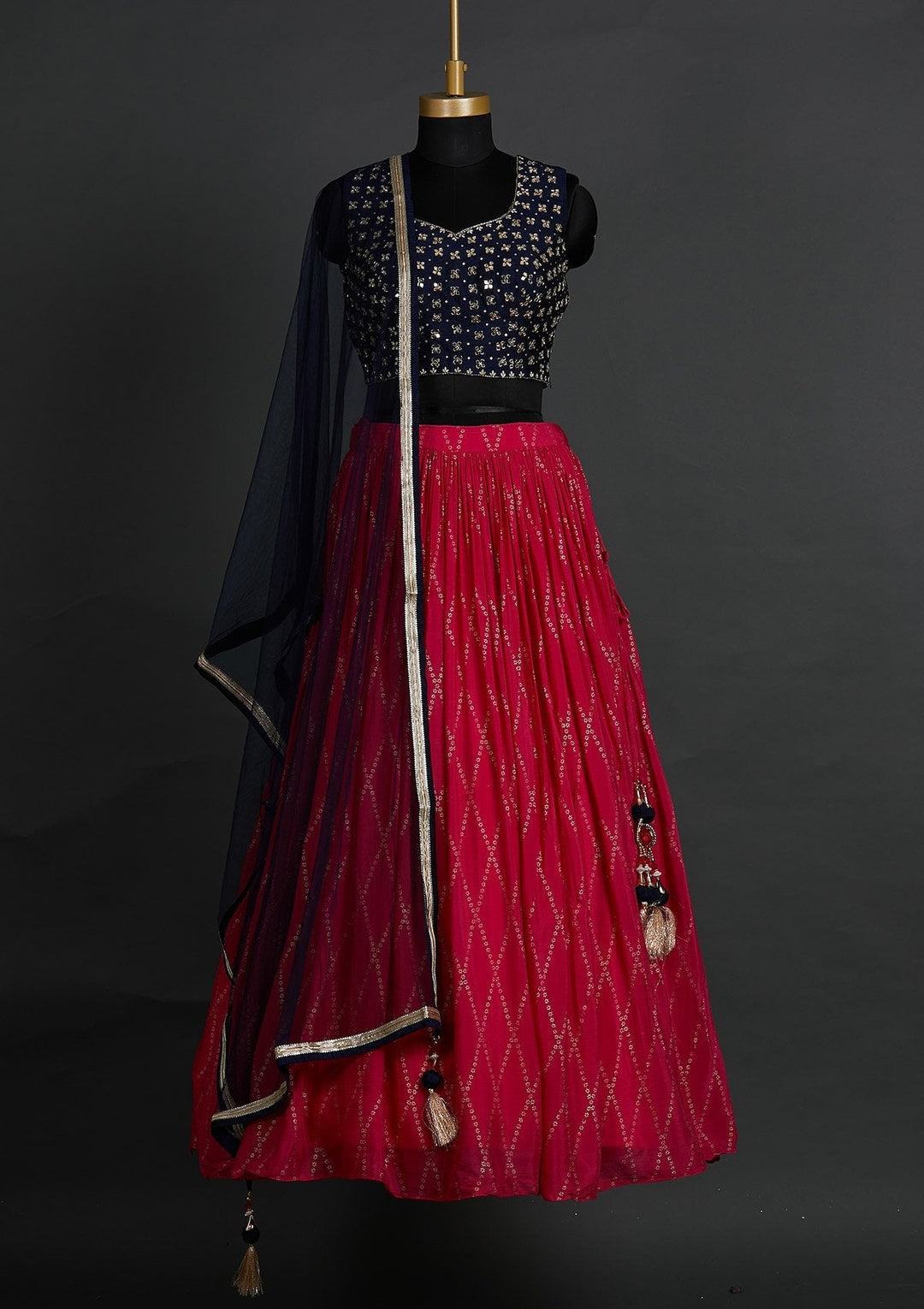 Rani Pink Mirrorwork Satin Designer Lehenga - Koskii