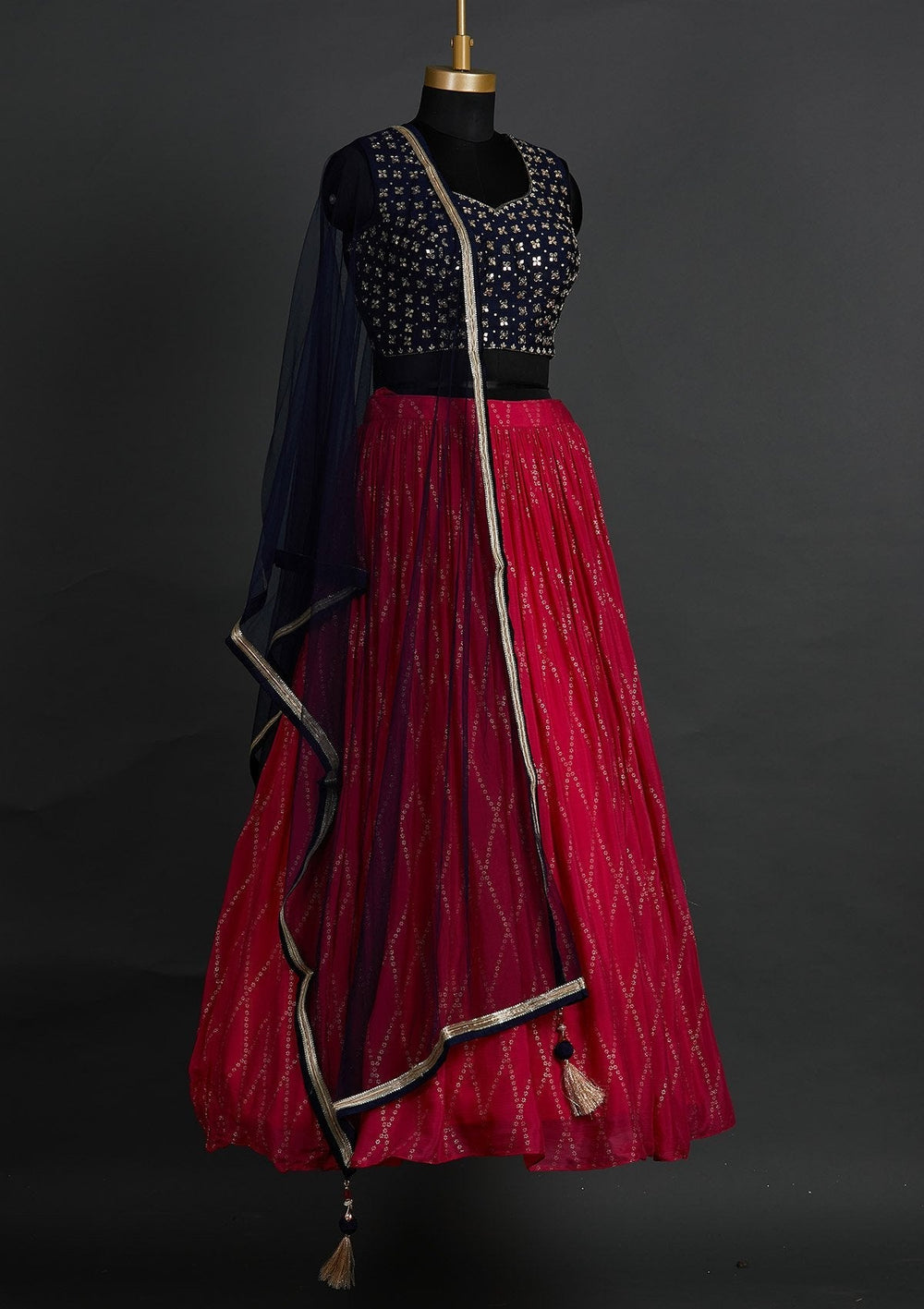 Rani Pink Mirrorwork Satin Designer Lehenga - Koskii