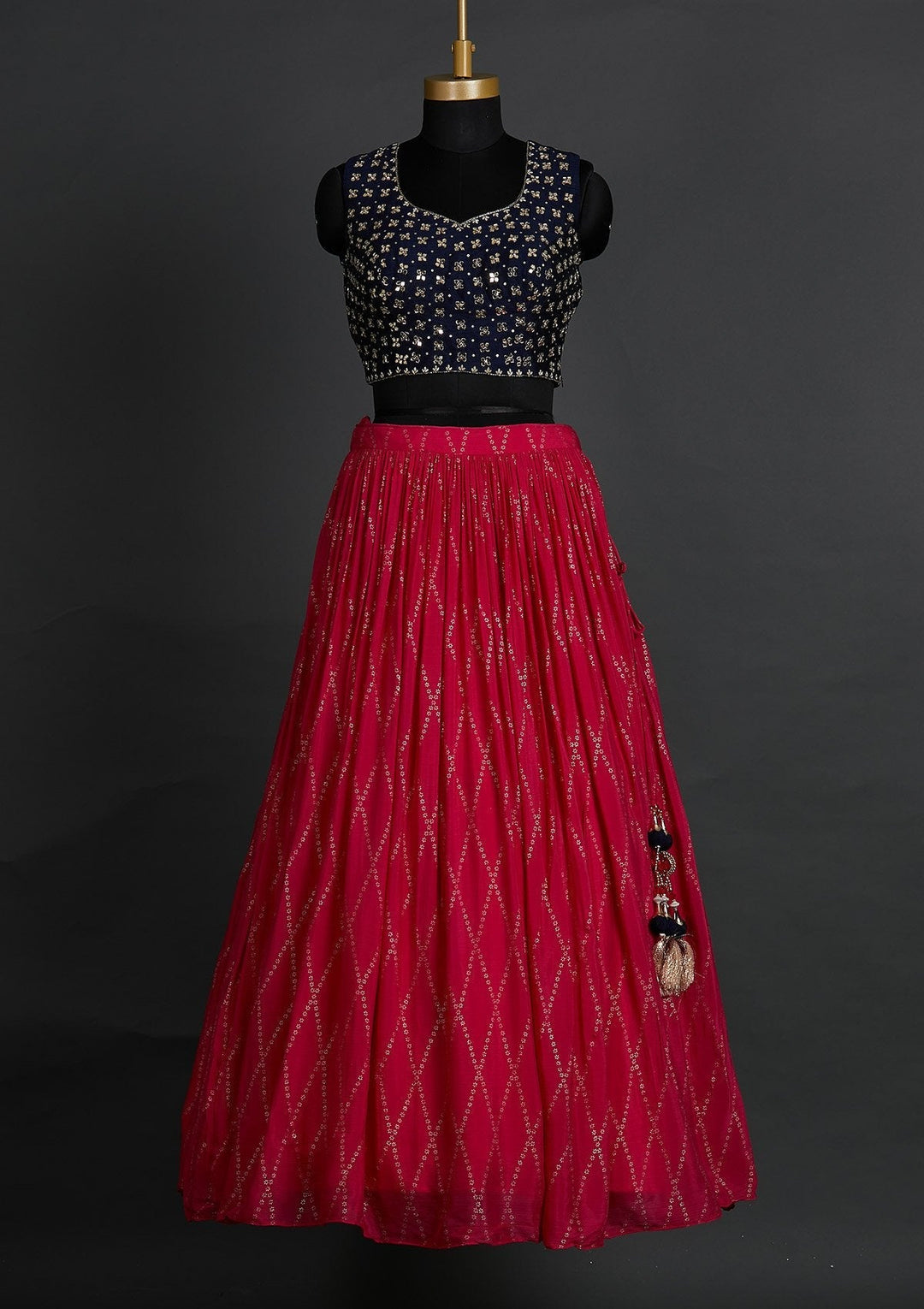 Rani Pink Mirrorwork Satin Designer Lehenga - Koskii