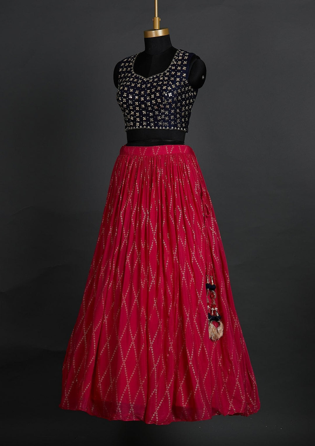 Rani Pink Mirrorwork Satin Designer Lehenga - Koskii