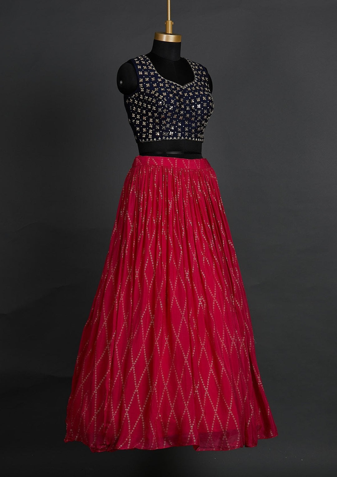 Rani Pink Mirrorwork Satin Designer Lehenga - Koskii