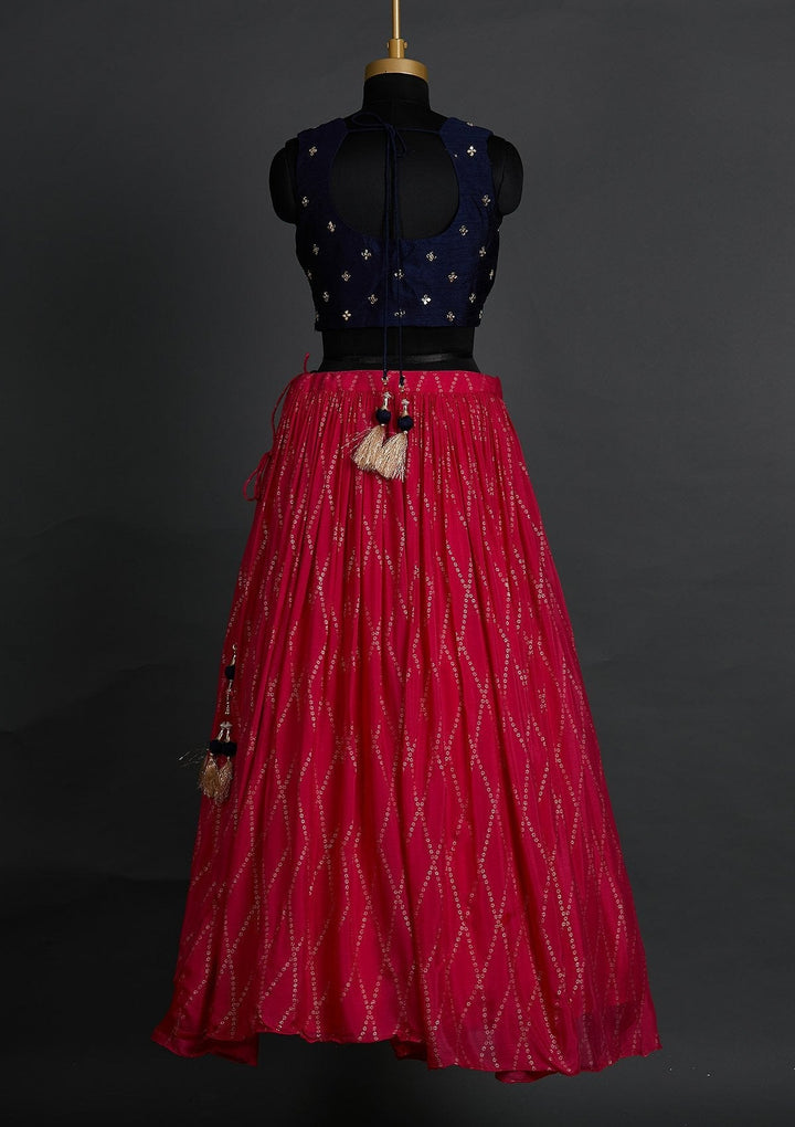 Rani Pink Mirrorwork Satin Designer Lehenga - Koskii
