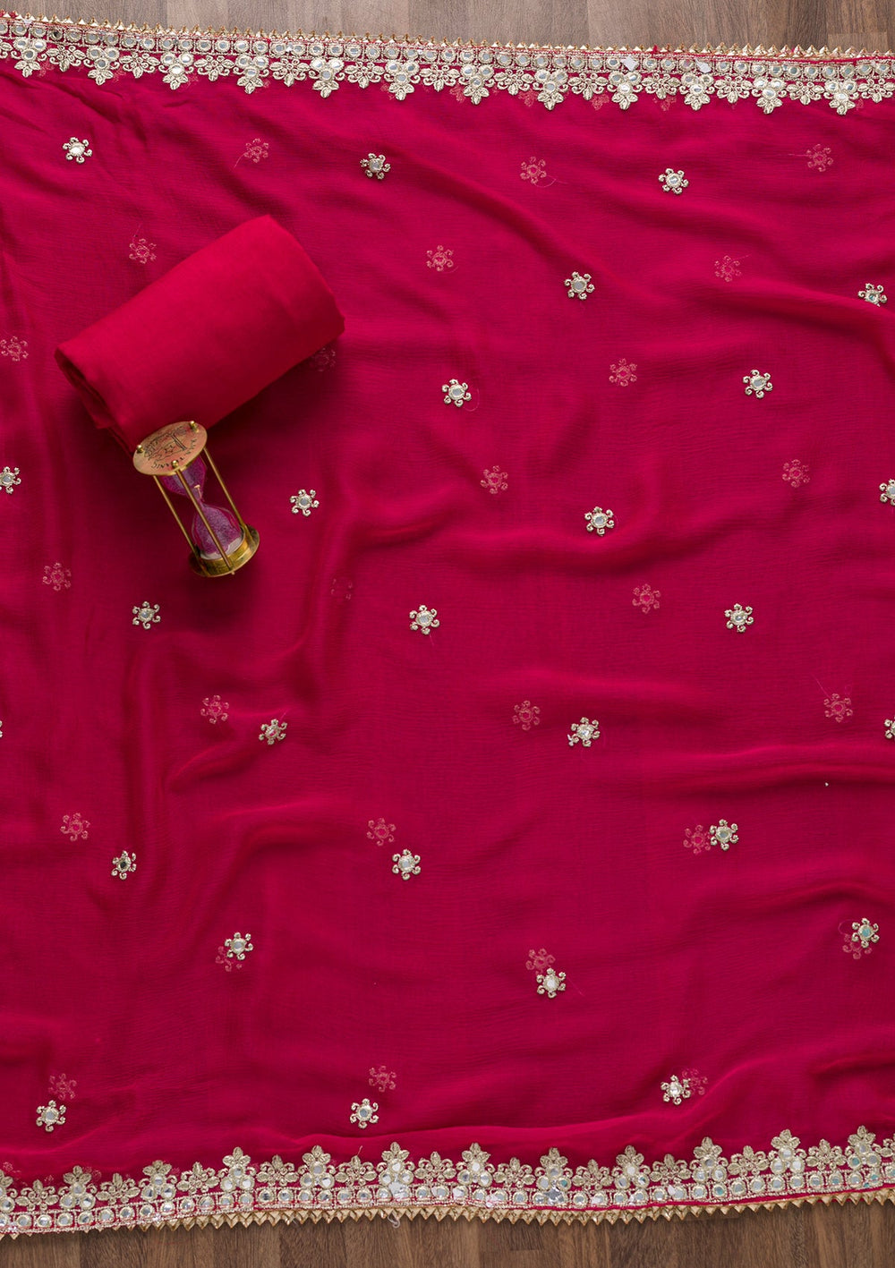 Rani Pink Mirrorwork Semi Crepe Unstitched Salwar Suit-Koskii