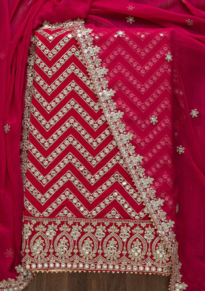 Rani Pink Mirrorwork Semi Crepe Unstitched Salwar Suit-Koskii