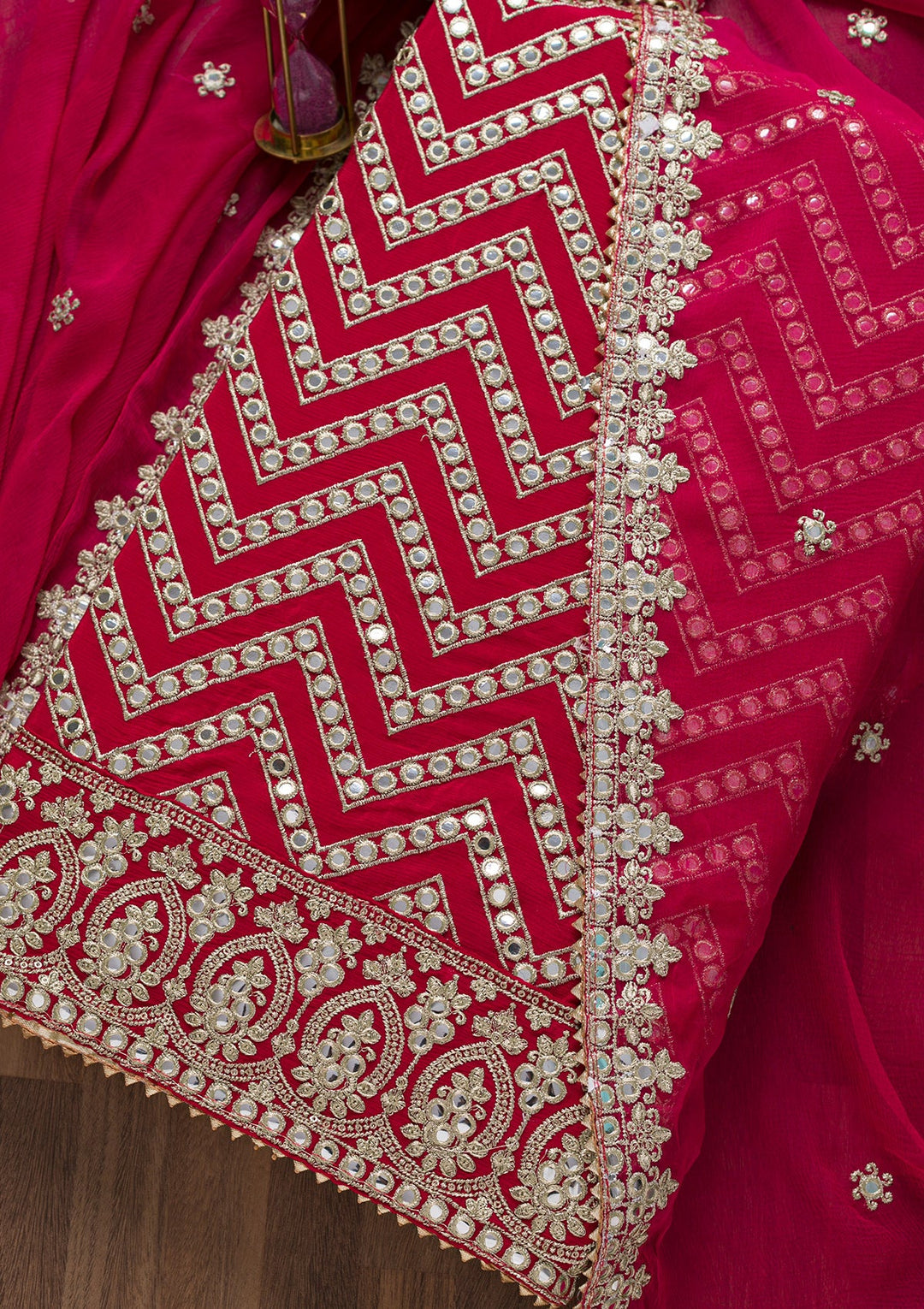 Rani Pink Mirrorwork Semi Crepe Unstitched Salwar Suit-Koskii
