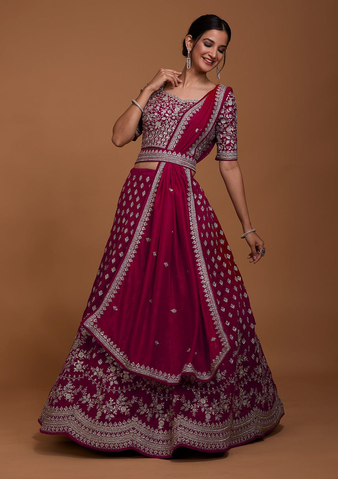 Rani Pink Silver Zariwork Raw Silk Lehenga-Koskii