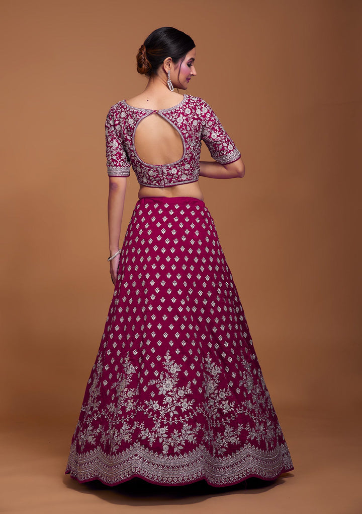 Rani Pink Silver Zariwork Raw Silk Lehenga-Koskii