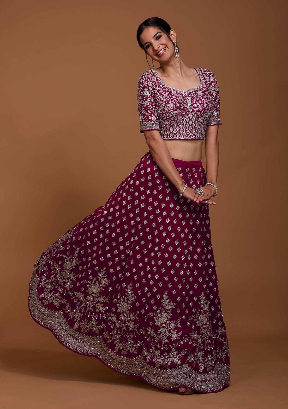 Rani Pink Silver Zariwork Raw Silk Lehenga-Koskii