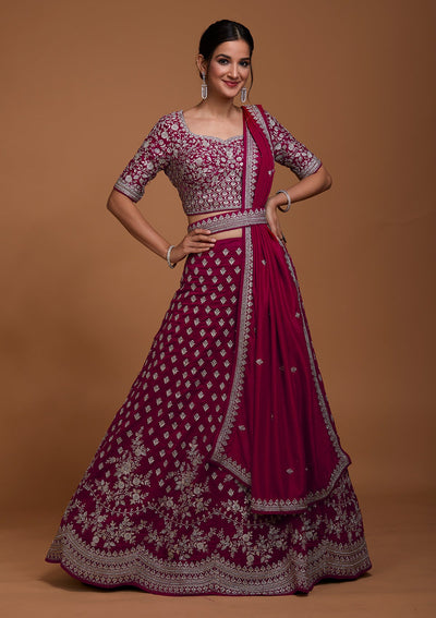 Rani Pink Silver Zariwork Raw Silk Lehenga-Koskii