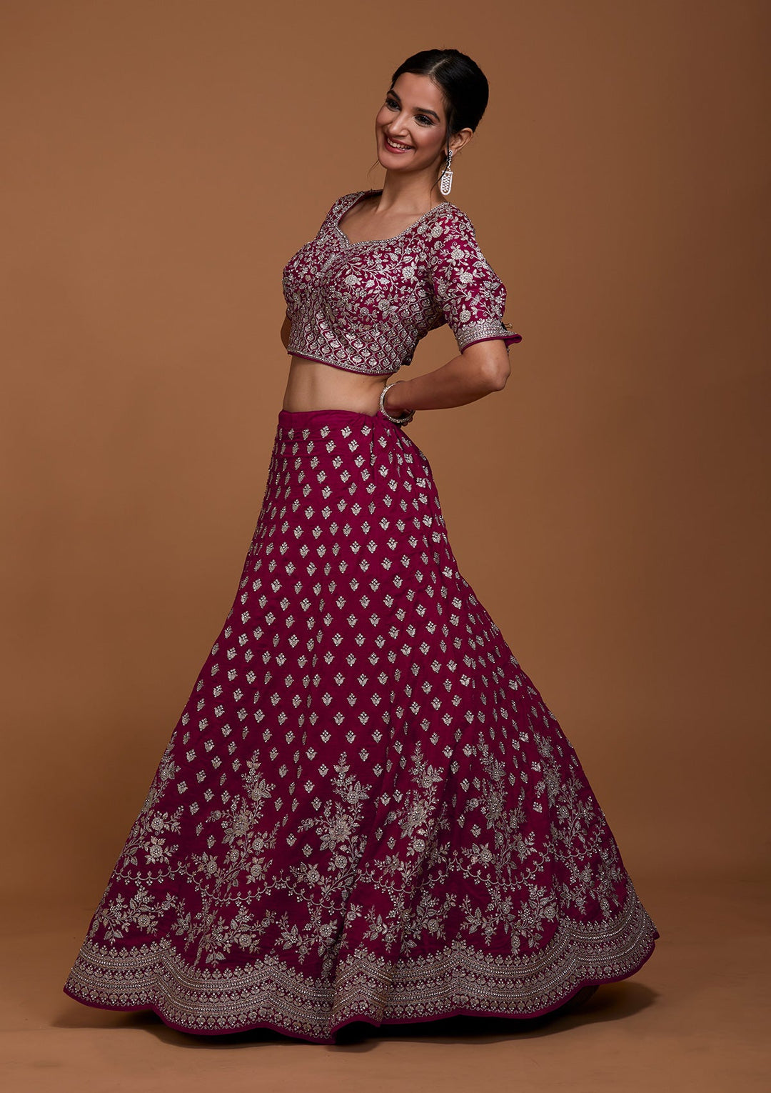 Rani Pink Silver Zariwork Raw Silk Lehenga-Koskii